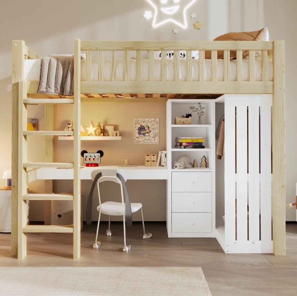 Letto a soppalco in legno di pino 90x200 cm con scrivania, armadio, 3 cassetti, scala e sponde, colore naturale