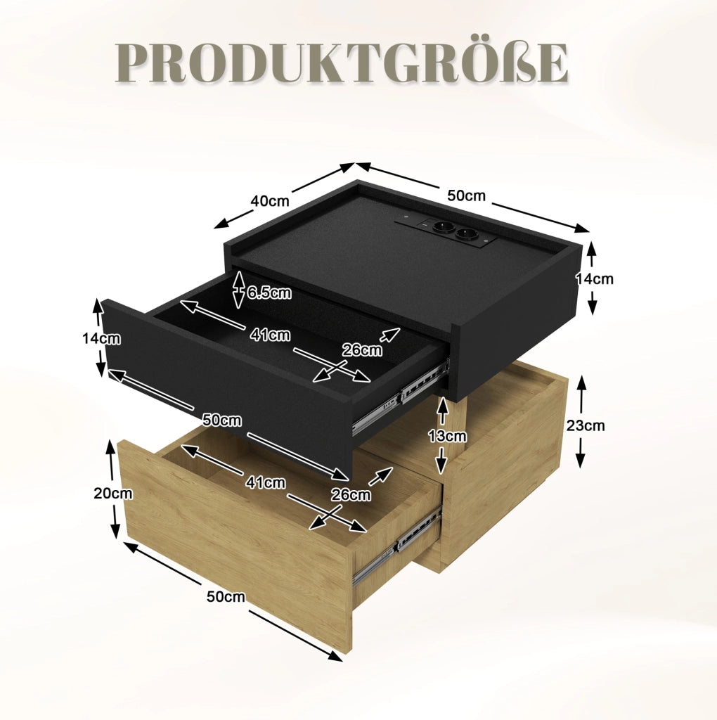 Comodino intelligente con ricarica wireless, luci LED ambientali, porte USB e due cassetti - nero e legno naturale, 50x40x50 cm