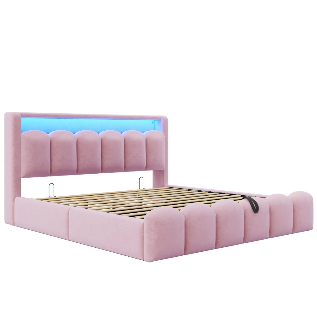 Letto matrimoniale 180 × 200 cm con contenitore idraulico; LED; USB e porta Type-C; senza materasso; rosa