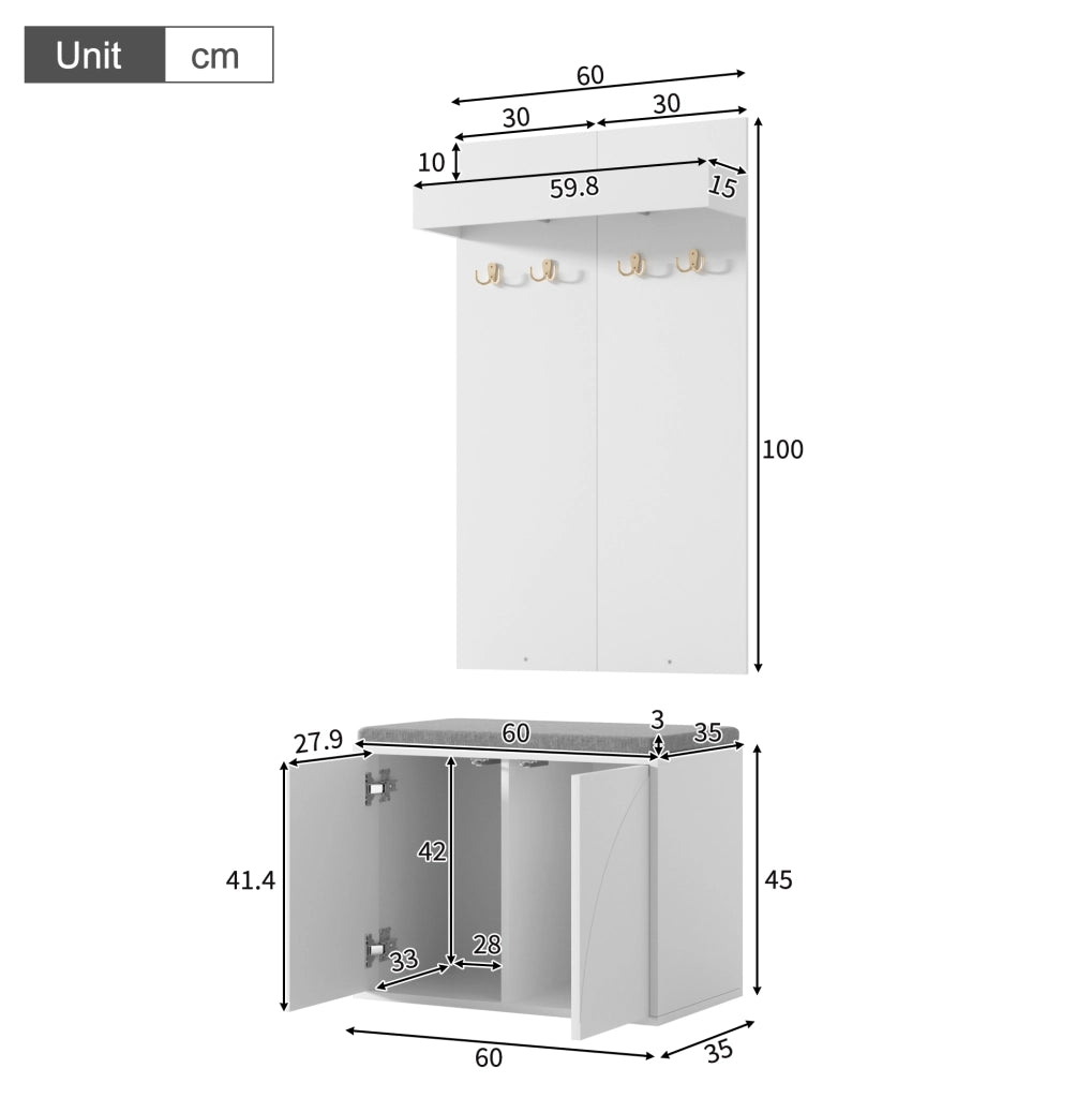 Set guardaroba 3 in 1 con appendiabiti, scarpiera a 2 ante e panca, bianco, 60x35x(45+100) cm