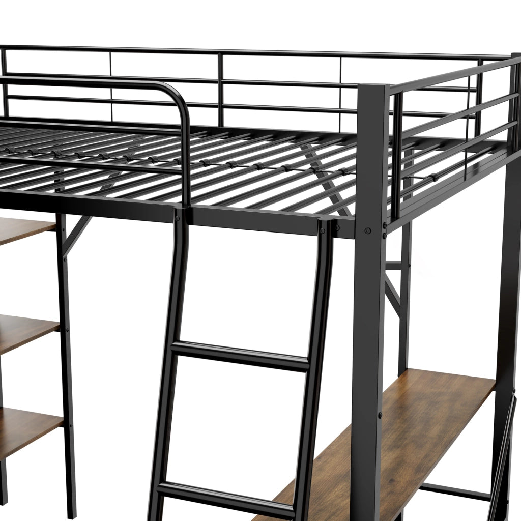 LETTO a soppalco 90x200 cm con scrivania e 3 ripiani, metallo nero