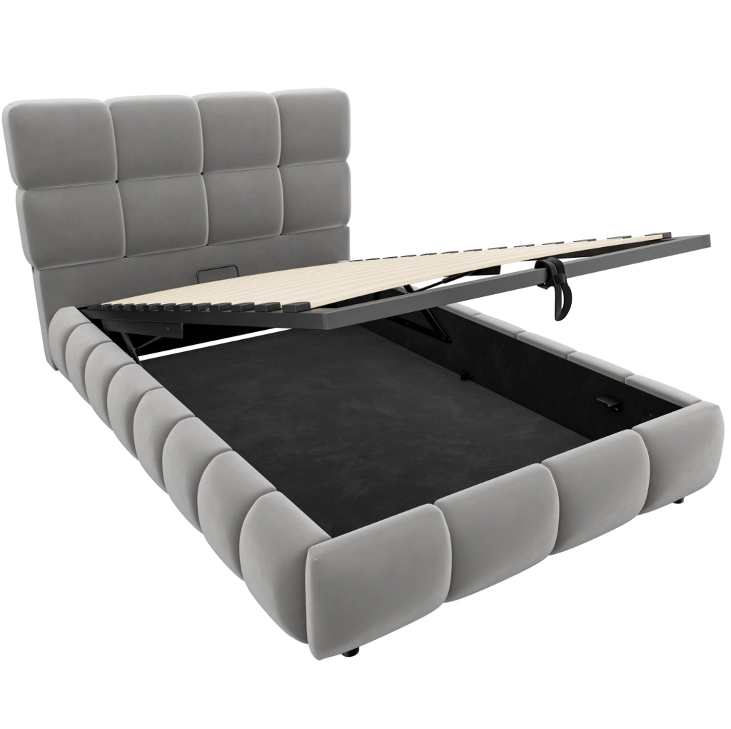 Letto imbottito 90x200 cm con contenitore idraulico e LED in velluto grigio