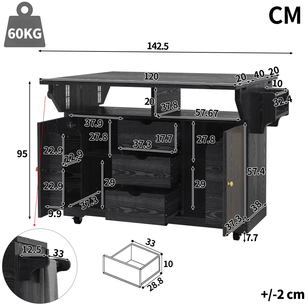 Carrello da cucina con 3 cassetti piani laterali pieghevoli e ripiani regolabili in MDF e metallo nero
