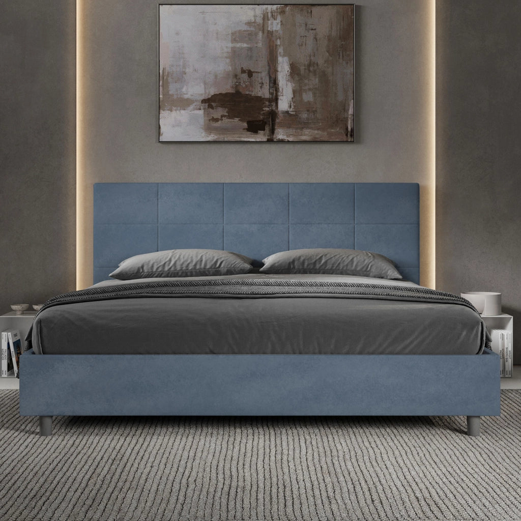 BS COM Letto matrimoniale king size con rete imbottito 200x210 microfibra blu