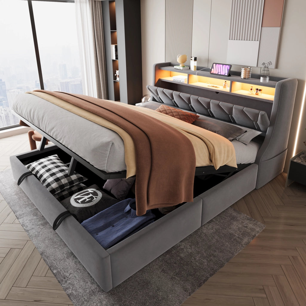 Letto contenitore 180 × 200 cm matrimoniale con prese; USB; Type-C; LED e mensole; senza materasso; velluto grigio