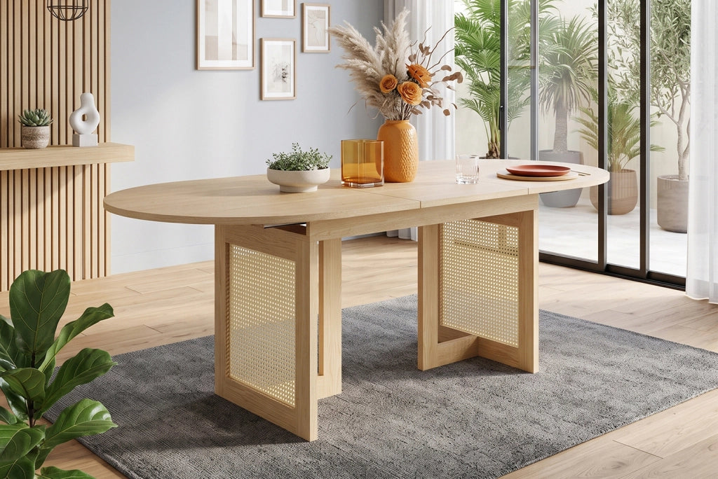 Tavolo da pranzo allungabile 120/160x80 cm con gambe in rattan color quercia, per 6-8 persone, con angoli arrotondati e piano spesso in MDF