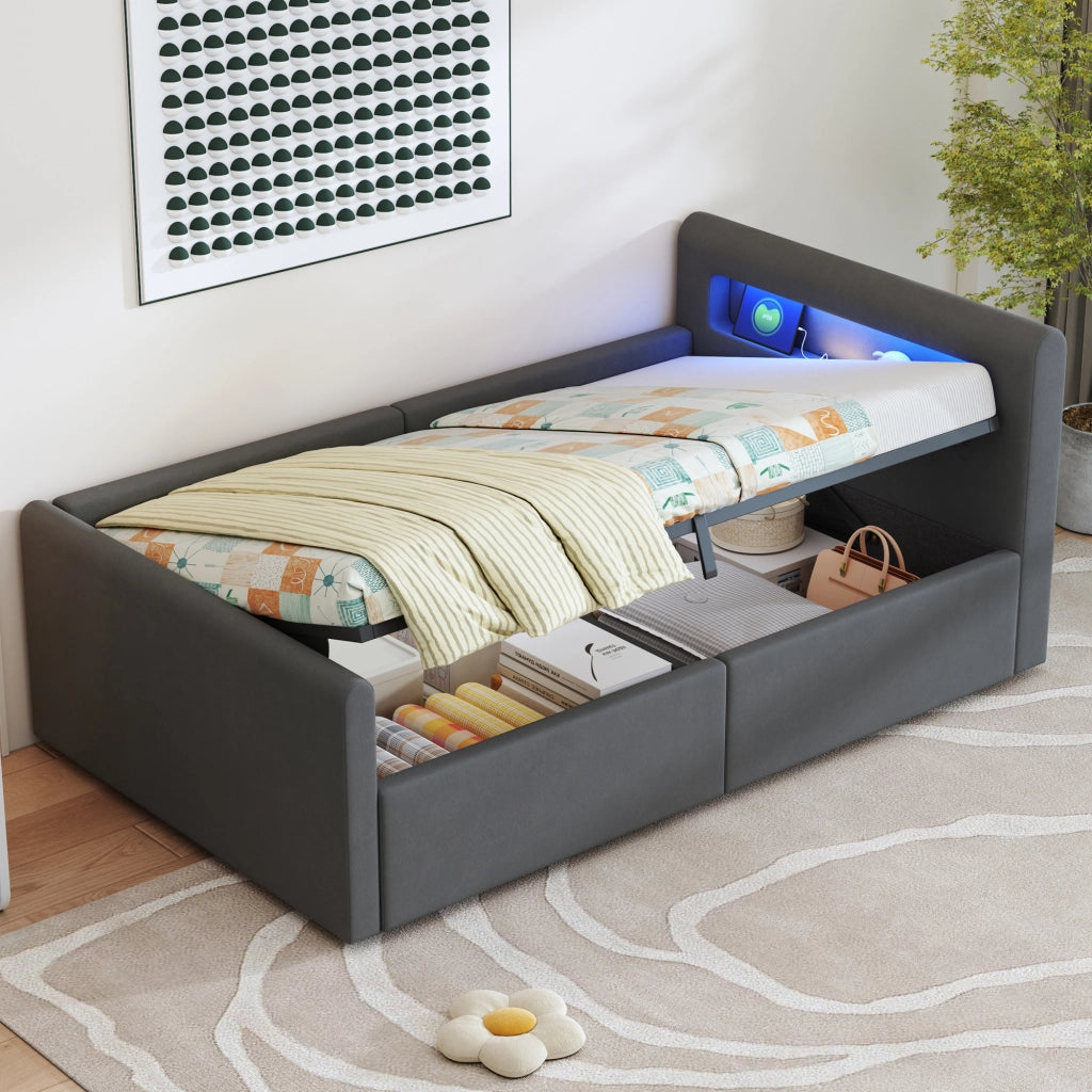 Letto per bambini imbottito 90 × 200 cm con luci LED porta USB vano idraulico velluto grigio