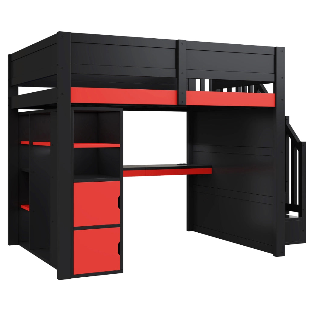 Letto a soppalco 140x200 con scrivania; luci LED e scala contenitore; nero e rosso