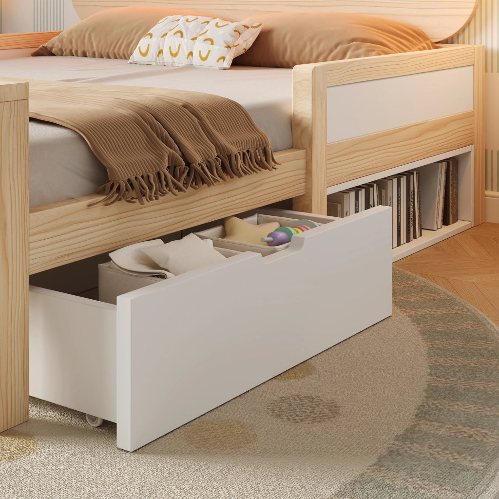 Letto 140x200 con LED RGB e Testiera a Forma di Gatto; Struttura in Legno Bianco e Rovere con Cassetti Reversibili