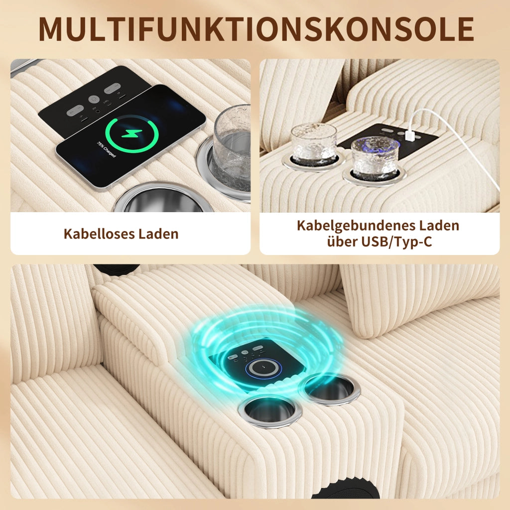 Divano modulare a U e L da 4 a 6 posti in velluto a coste beige con console Bluetooth ricarica e portabevande