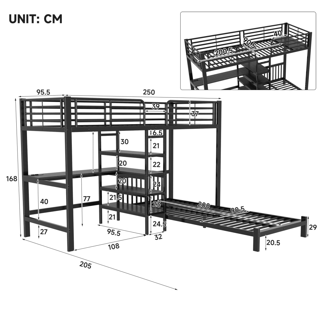 Letto a soppalco 90 × 200 cm con scrivania in metallo e MDF nero scale contenitore prese USB Type C EN747