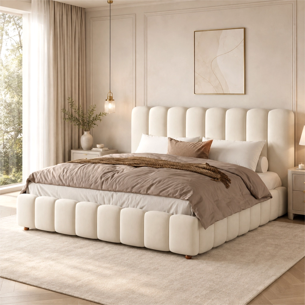 Letto contenitore 160x200 cm; matrimoniale con ampio contenitore; rete a doghe; testiera capitonné; velluto; beige