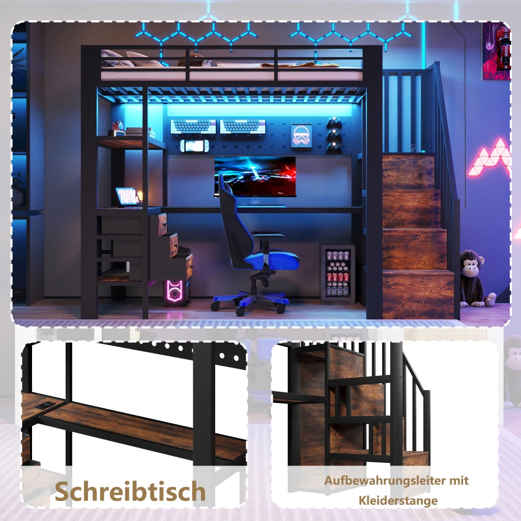 Letto a soppalco 90 × 200 cm con scrivania cassetti scala contenitore LED dimmerabile presa integrata metallo nero