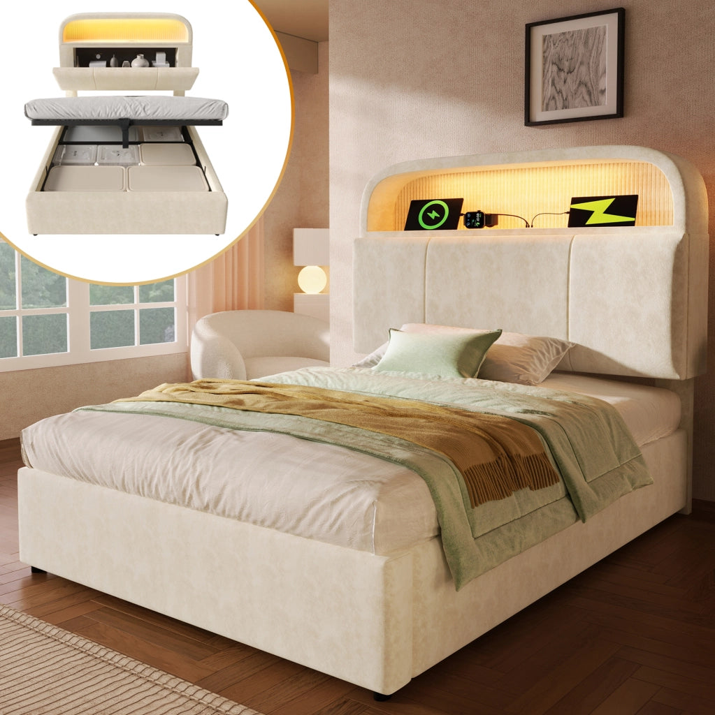 Letto singolo 90x200 cm con contenitore regolabile, testiera imbottita in velluto beige, illuminazione LED e stazione di ricarica USB/Type-C, incluso rete a doghe e materasso