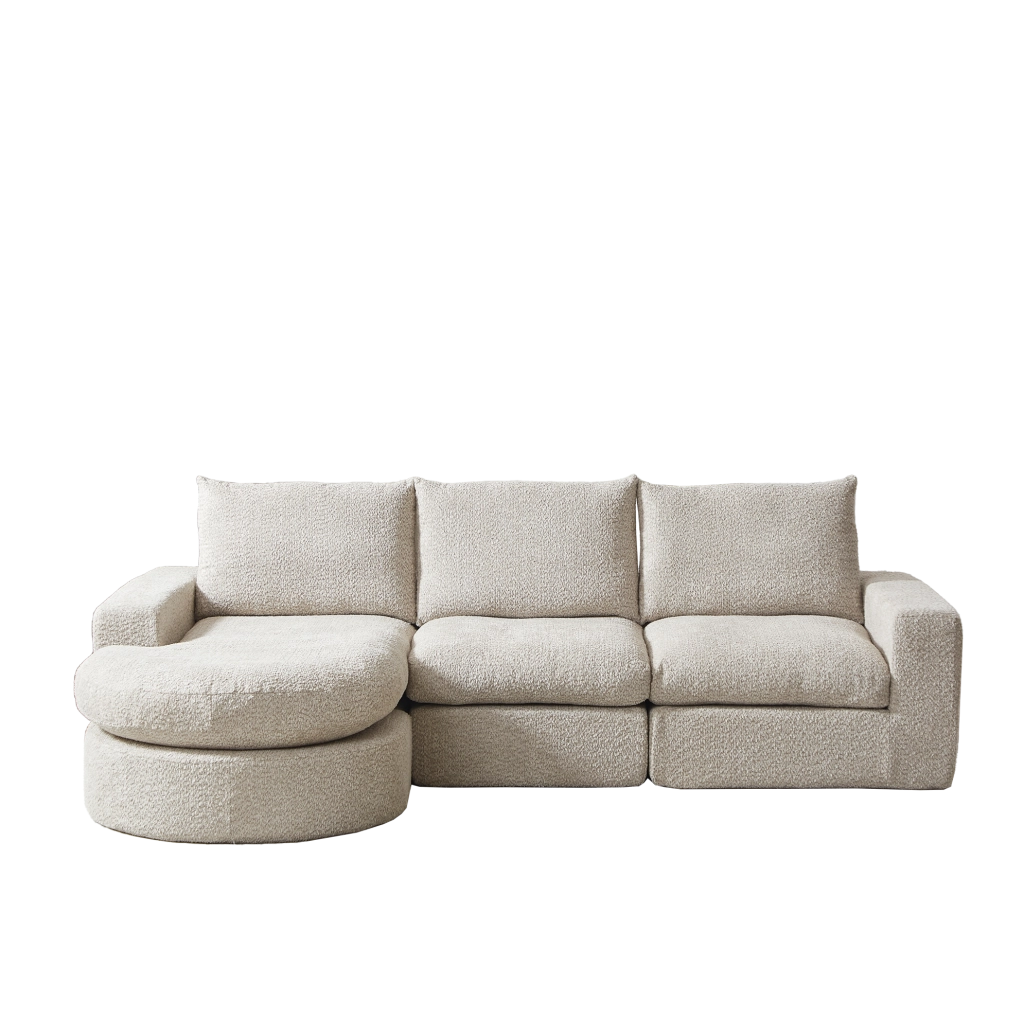 Divano modulare Chenille con chaise longue reversibile e supporto in ferro, schiuma ad alta densità, senza telaio