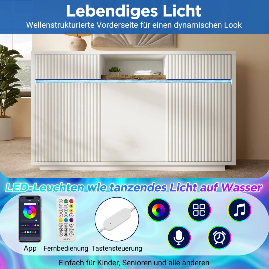 Sideboard LED bianco 140x40x85 cm con 2 cassetti e ripiani regolabili