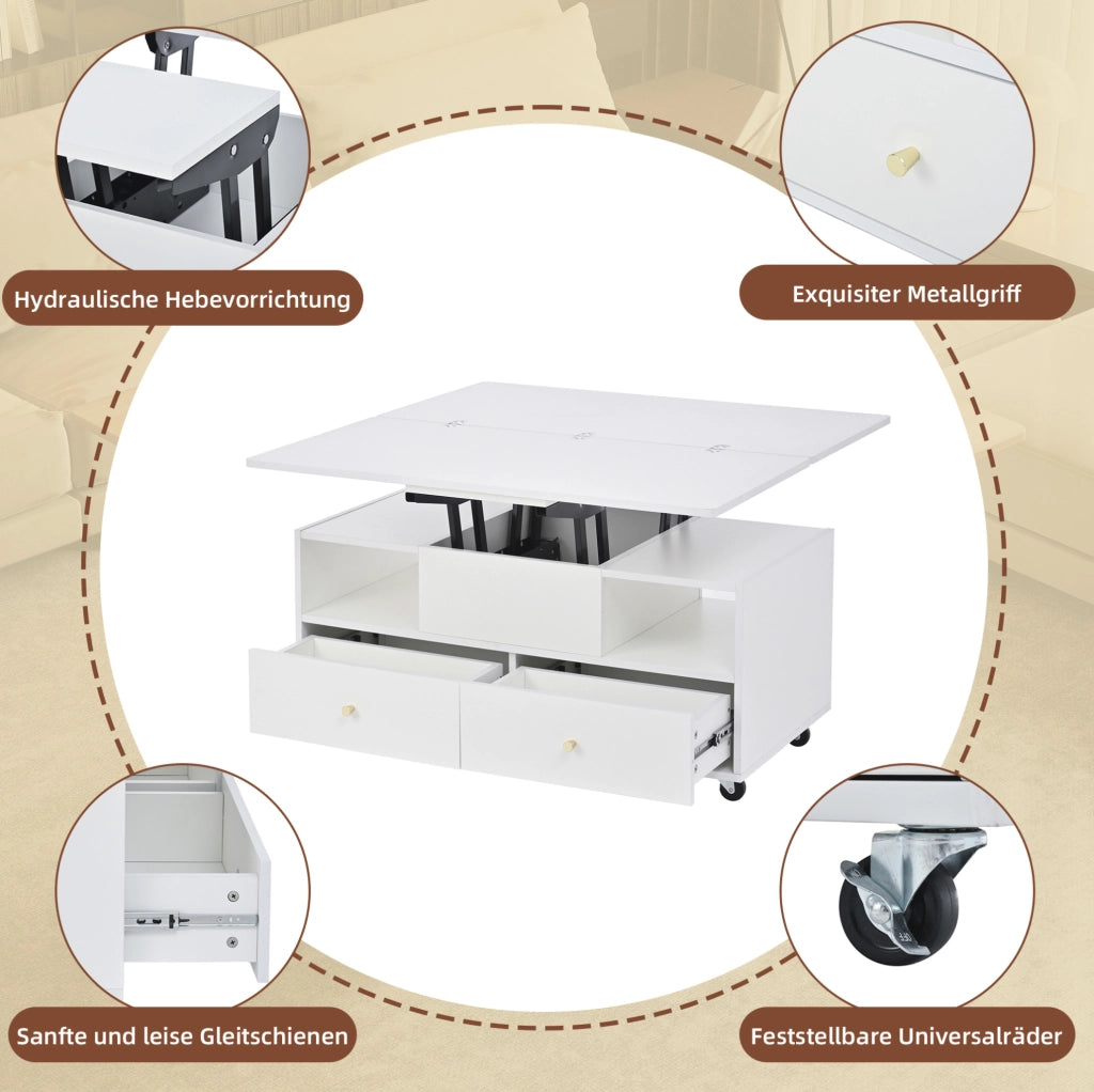 Tavolino da caffè elevabile con funzione pieghevole e 4 cassetti, bianco