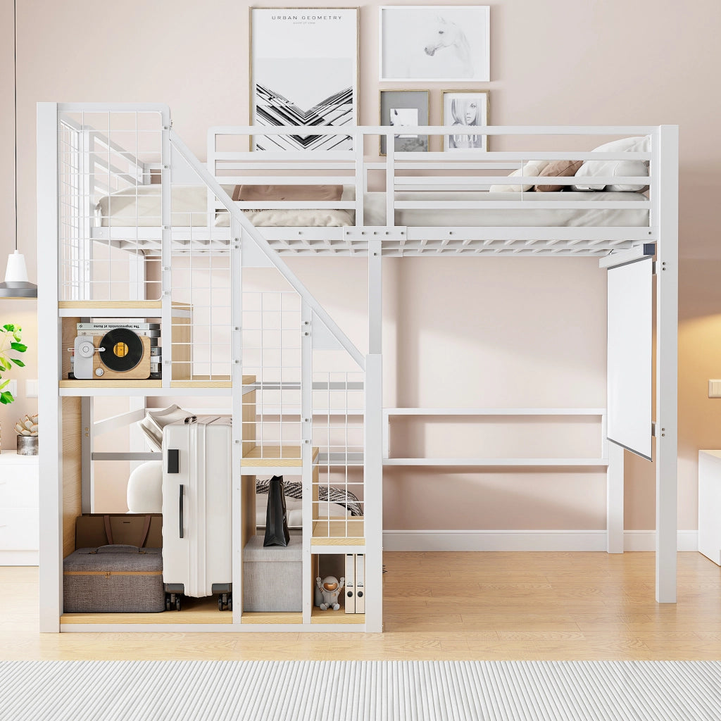 Letto a soppalco 90 × 200 cm con vano per appendere abiti e scala in metallo e MDF bianco