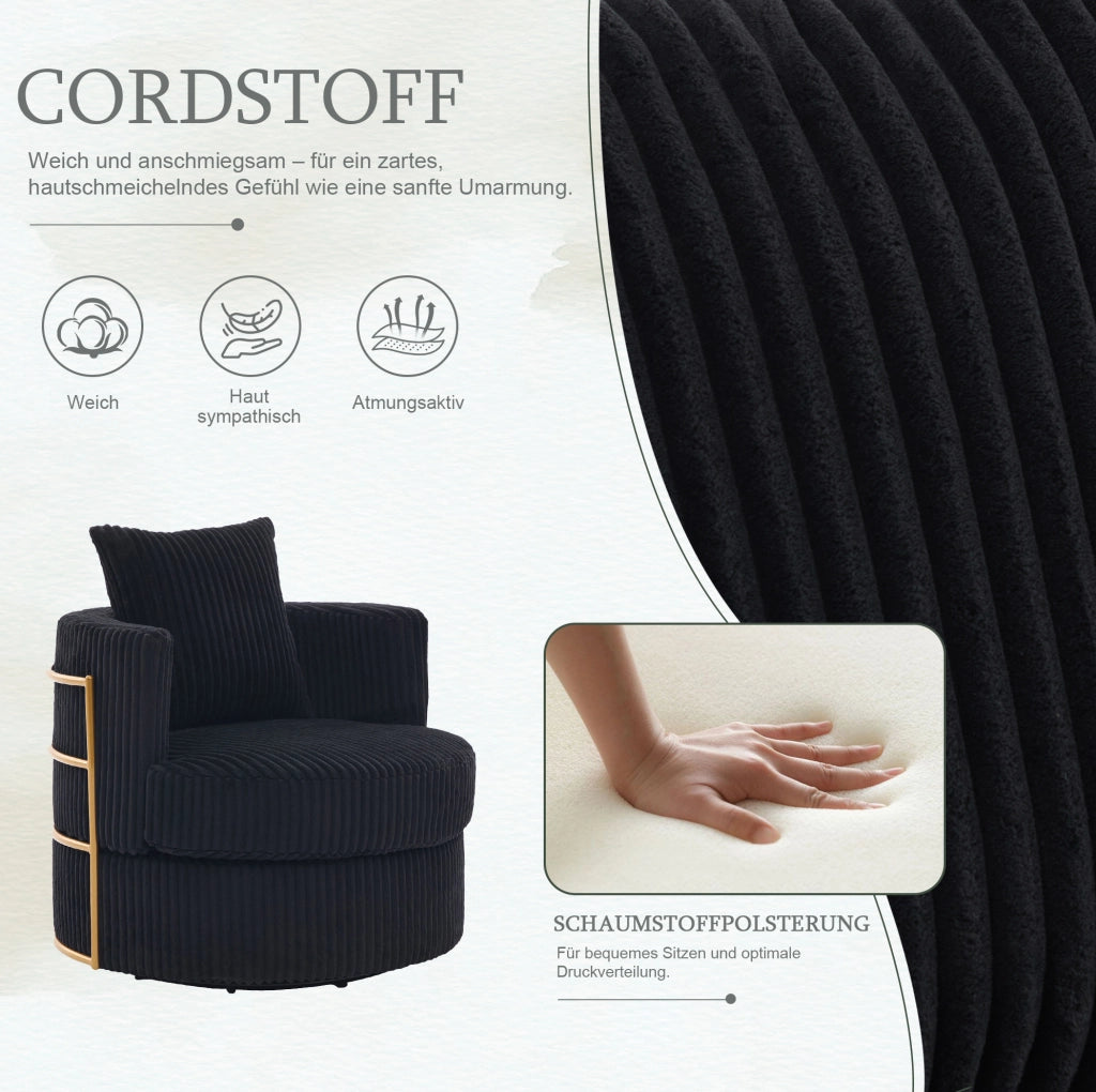 Poltrona girevole a 360° in velluto a coste con vano contenitore; nera