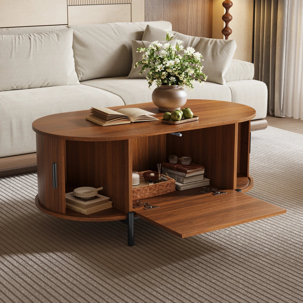 Tavolino basso fisso ovale con ante scorrevoli e anta in rattan MDF color noce con gambe in metallo 100 × 50 × 40 cm
