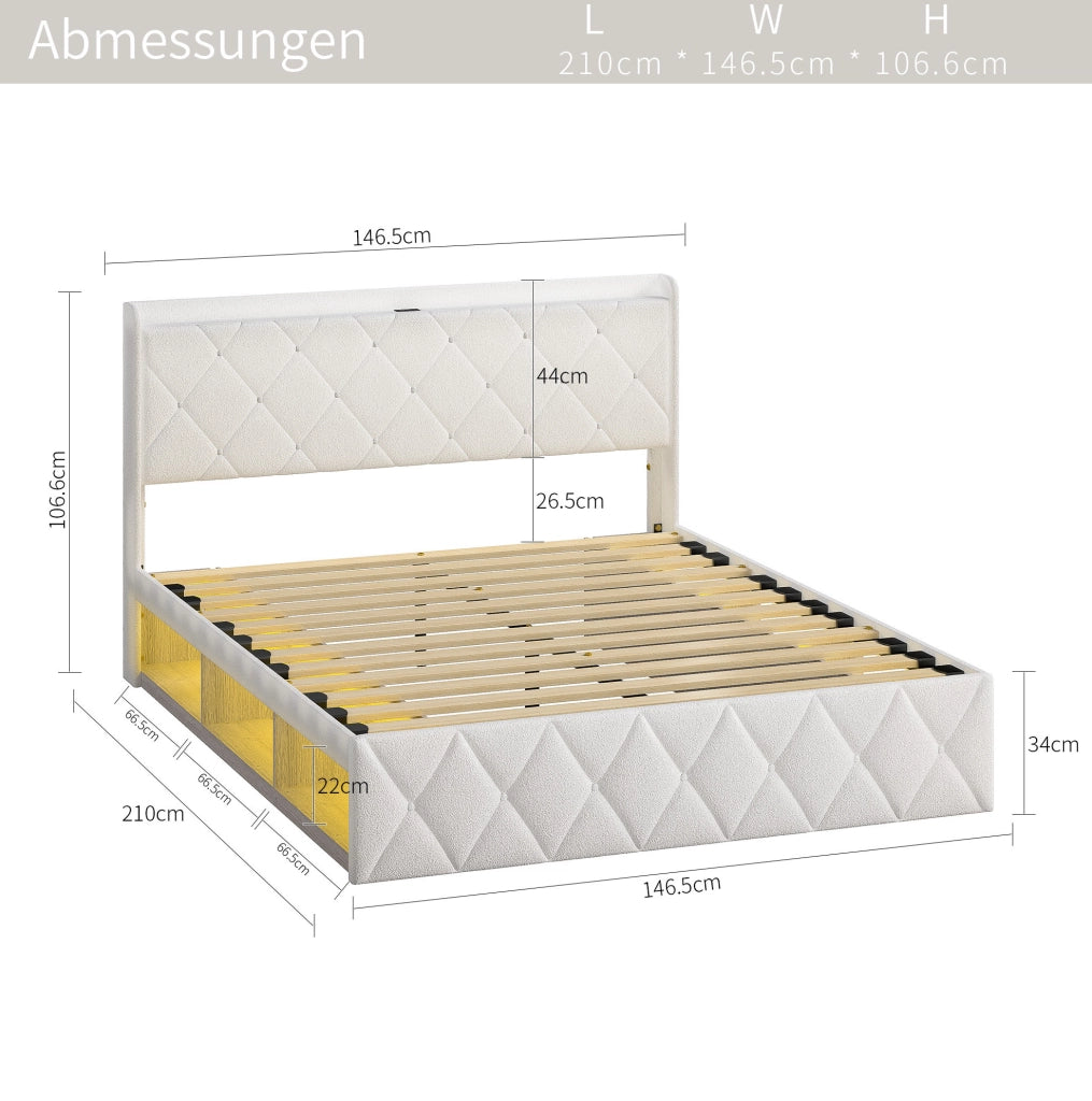 Letto imbottito 140x200 cm con LED, ricarica USB e ripiano in tessuto Teddy bianco