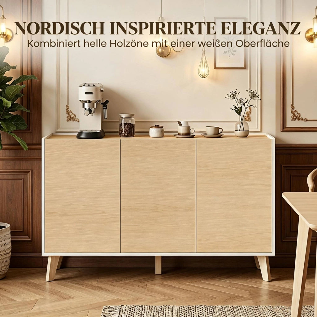 Buffet nordico con 3 porte e 6 scomparti, 120 x 35 x 73,5 cm, bianco e legno naturale