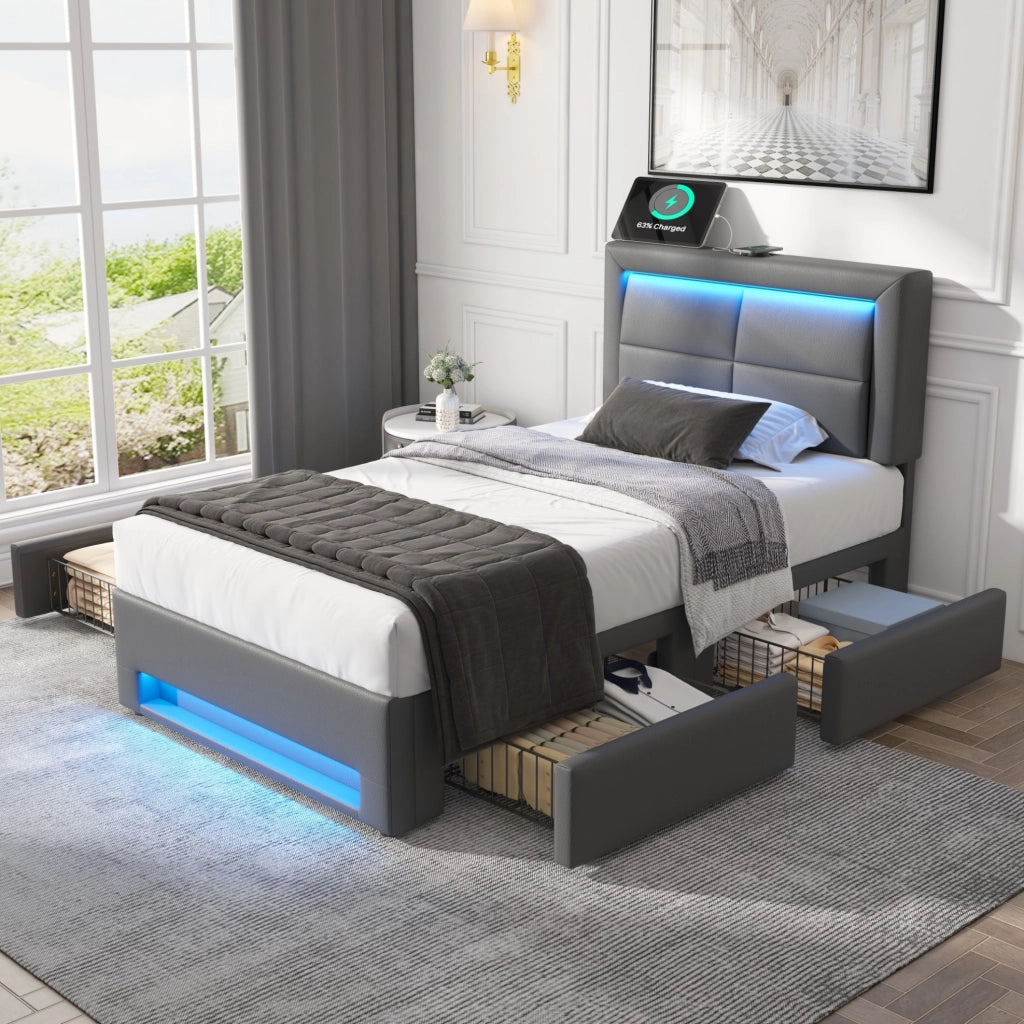 Letto imbottito 90x190 cm con LED, USB e 4 cassetti