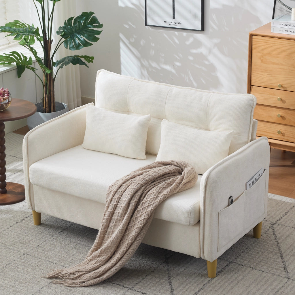 Divano Dritto 2 Posti con Tasche Laterali in Legno e Chenille Beige