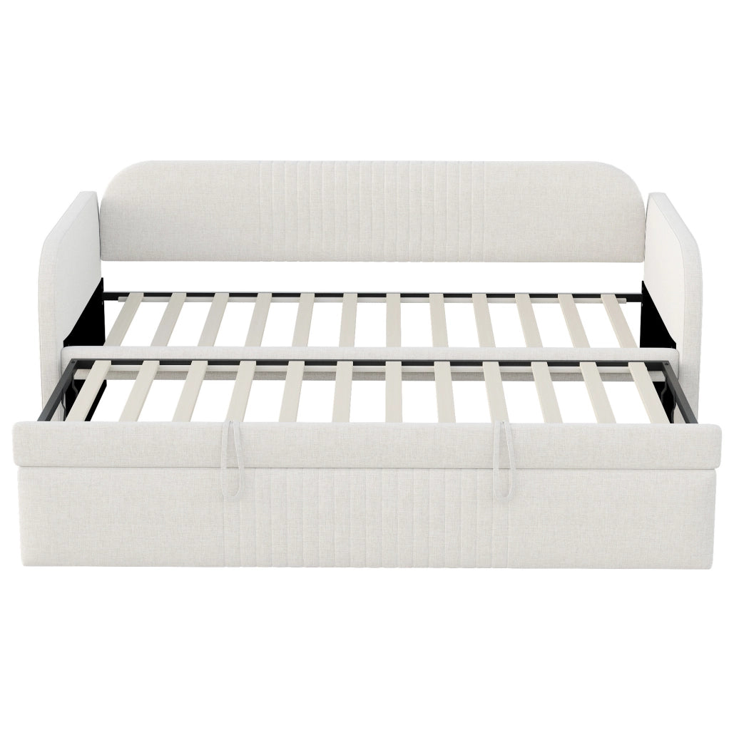 Divano letto imbottito estensibile con rete a doghe, beige