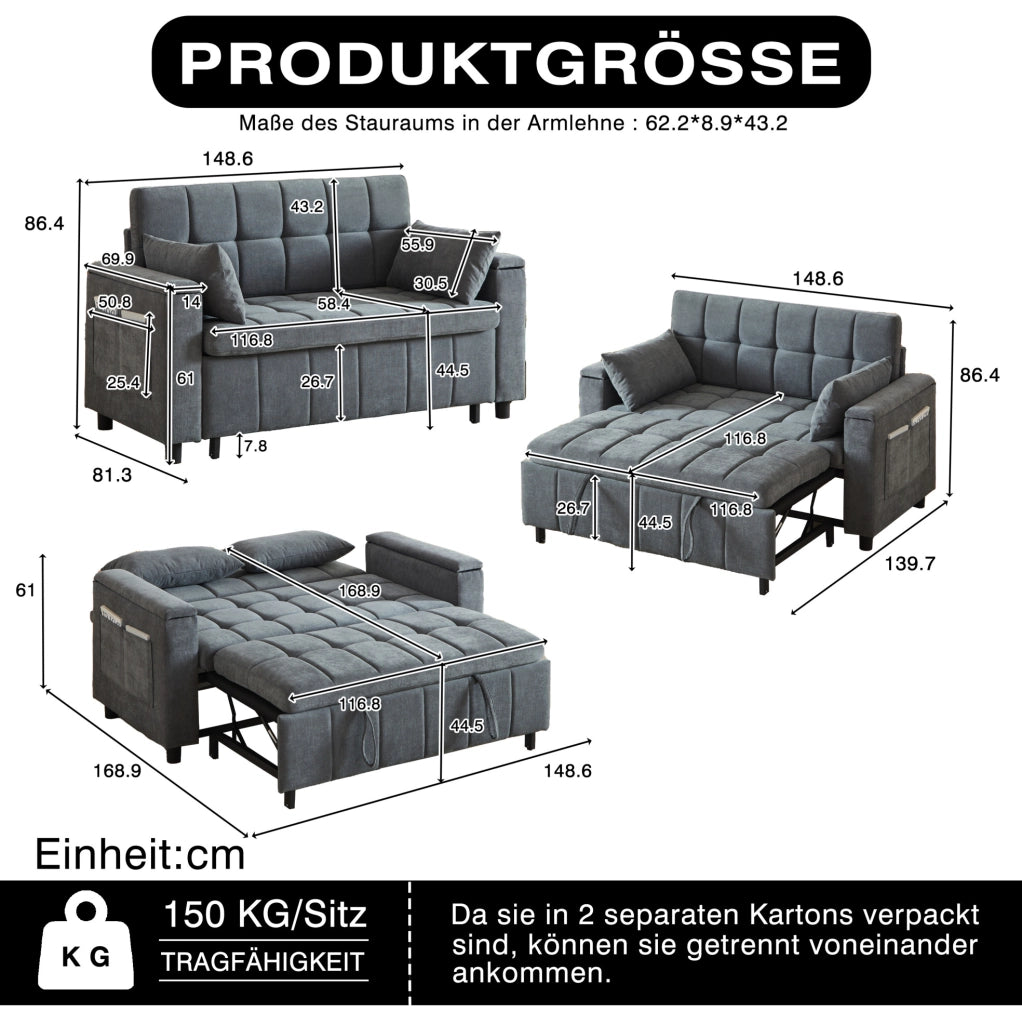 Divano letto 3 in 1 in ciniglia grigio con doppio contenitore e struttura metallica resistente