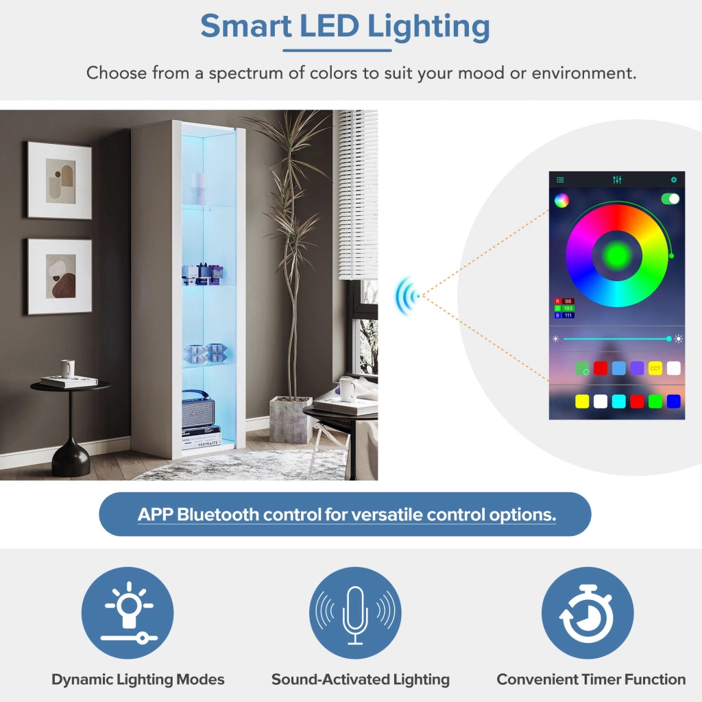 Vetrina da terra con 3 ripiani in vetro e LED tramite app pannello truciolare bianco 55 × 38 × 166 cm