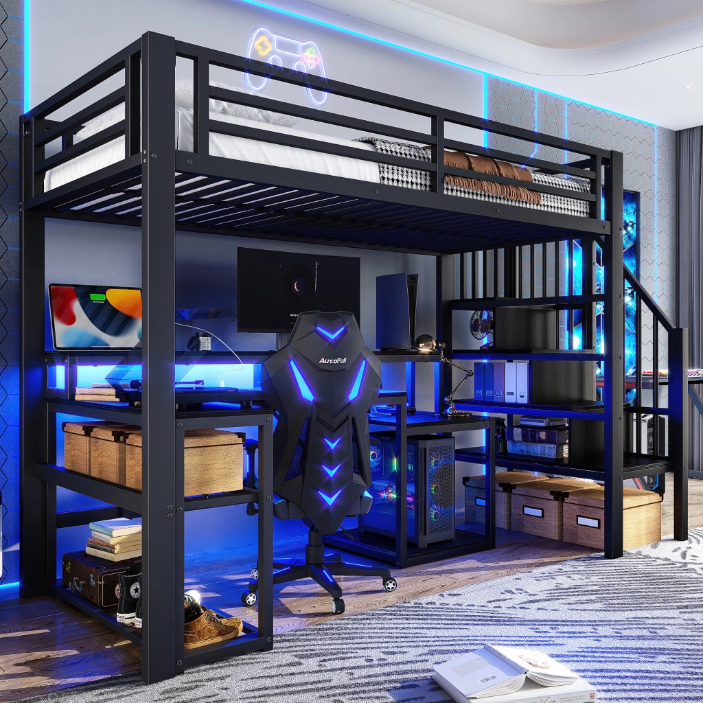 Letto a soppalco 90 × 200 cm con scrivania LED USB scale con contenitore parapetto metallo MDF nero