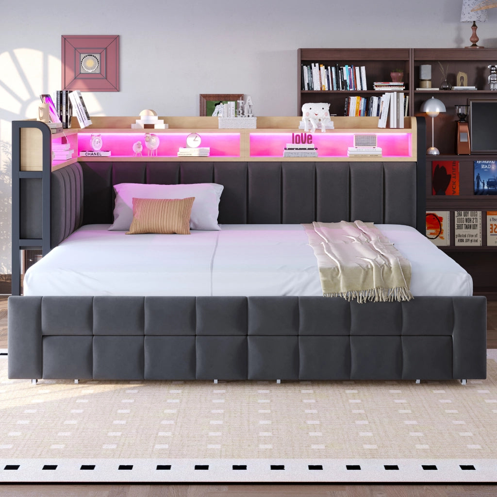 Letto estraibile 2 posti con 2 cassetti; LED regolabile; USB; Type-C e vani 90 × 200/180 × 200 cm