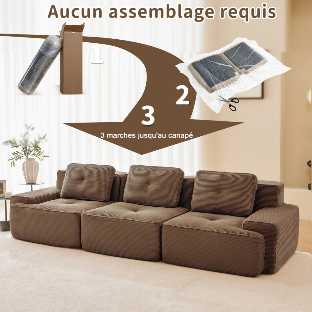 Divano modulare Cloud senza gambe in tessuto a coste marrone, 3 posti con seduta profonda da 74 cm, design componibile