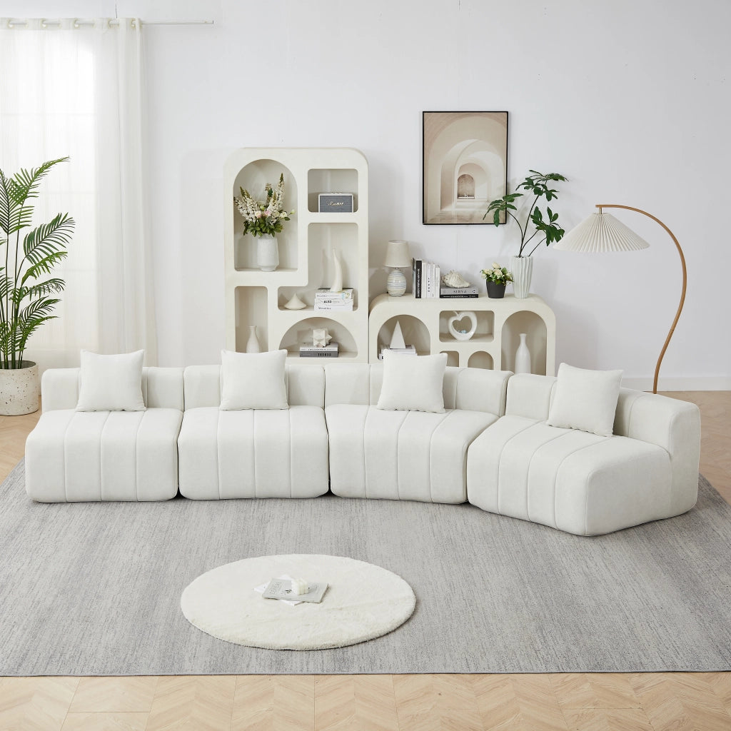 Divano modulare curvo con seduta stile tasti di pianoforte e 2 cuscini per il relax, in ciniglia beige