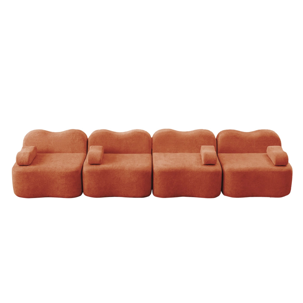 Divano angolare modulare in velluto arancione con pouf collegabile e seduta profonda 384 × 98 × 70 cm