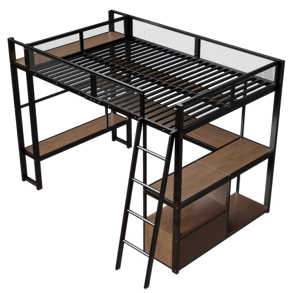 Letto a soppalco 140x200 con scrivania integrata; luci LED; struttura in metallo nero e vani contenitore