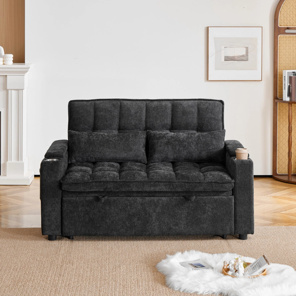 Divano letto 3 in 1 142x89x89 cm in ciniglia nera con contenitore