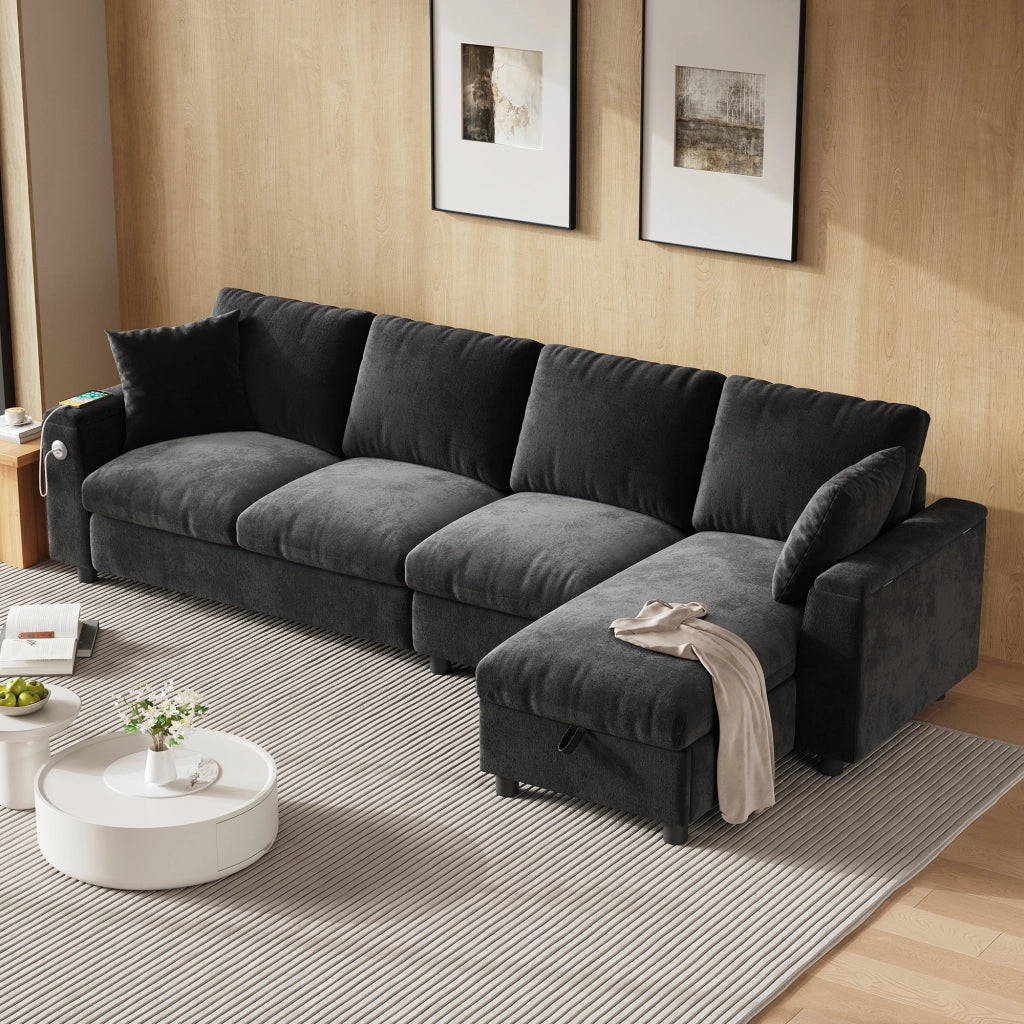 Divano angolare con funzione letto e chaise longue reversibile tavolino pieghevole porte USB e Type C contenitore braccioli chenille grigio