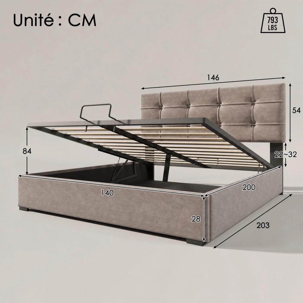 Letto matrimoniale imbottito 140 ¡Á 200 cm con contenitore testiera regolabile in velluto grigio chiaro