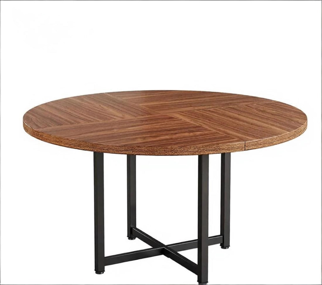 Tavolo da pranzo rotondo da 4 a 6 persone, stile industriale, in metallo e legno, nero e marrone, diametro 120 cm