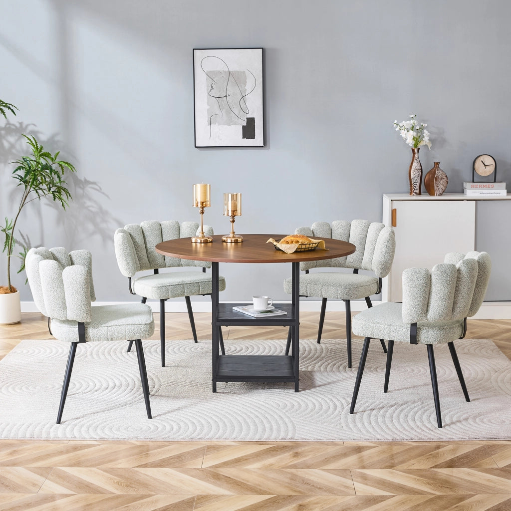 Tavolo da pranzo rotondo con doppio ripiano e 4 sedie in bouclé per sala da pranzo 107 cm noce e beige