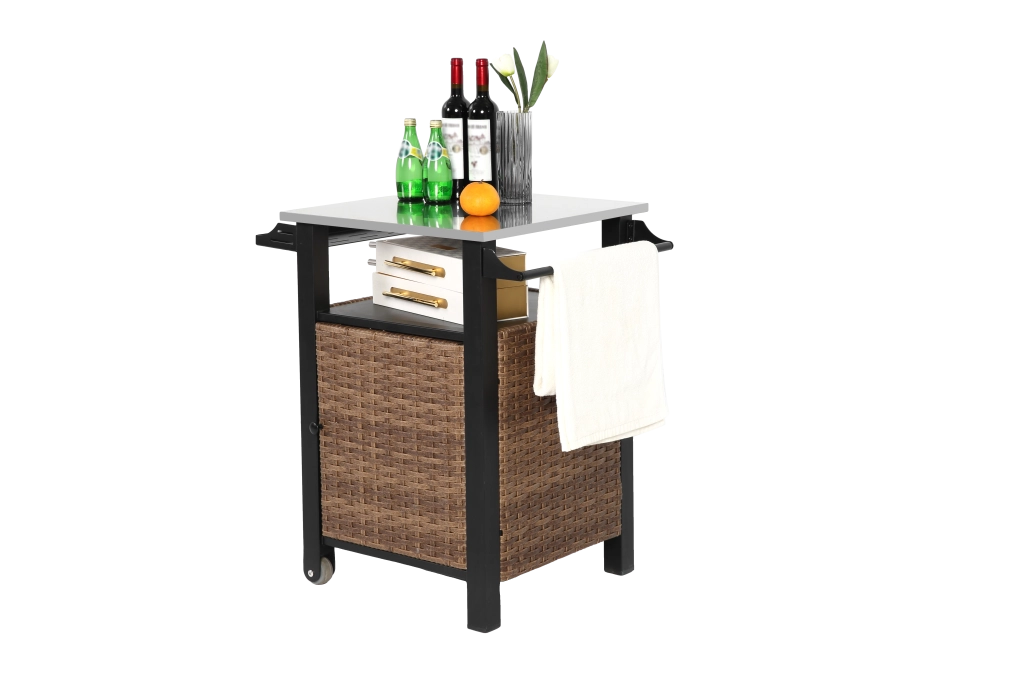 Carrello da cucina con ruote, anta, cassetto e ripiani, portabicchieri, per esterno, in acciaio e rattan, marrone