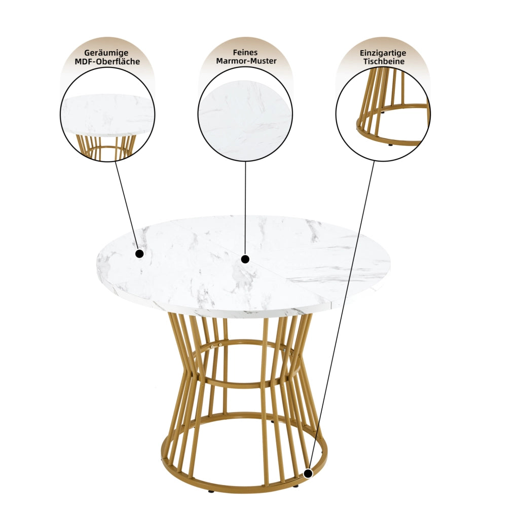 Set tavolo da pranzo rotondo con 4 sedie in velluto; ? 100 cm; piano MDF effetto marmo
