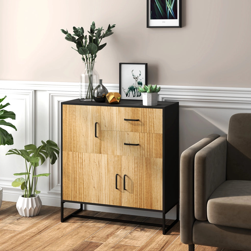 Credenza Moderna Portaoggetti con 3 Armadietti e 2 Cassetti, Mobiletto Multiuso in Truciolato e Acciaio, 80x35x85 cm, Nero e Color Legno