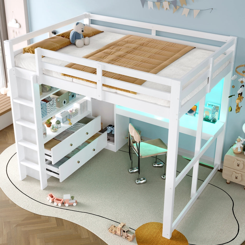 Letto a soppalco 140x200 con scrivania; LED; USB e contenitori; bianco
