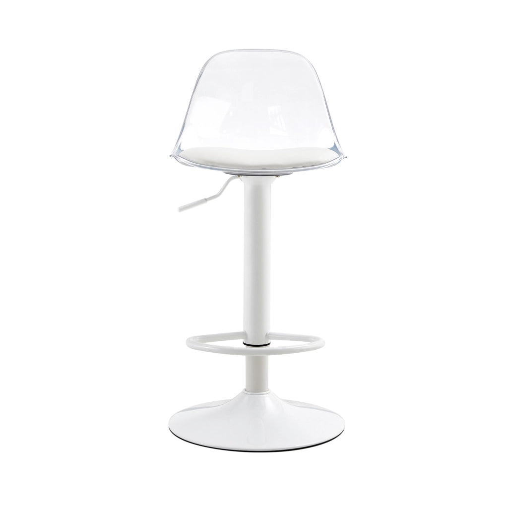 Set da 2 sgabelli da bar regolabili con schienale trasparente e gambe in metallo bianco, altezza 82-104 cm, girevoli a 360°