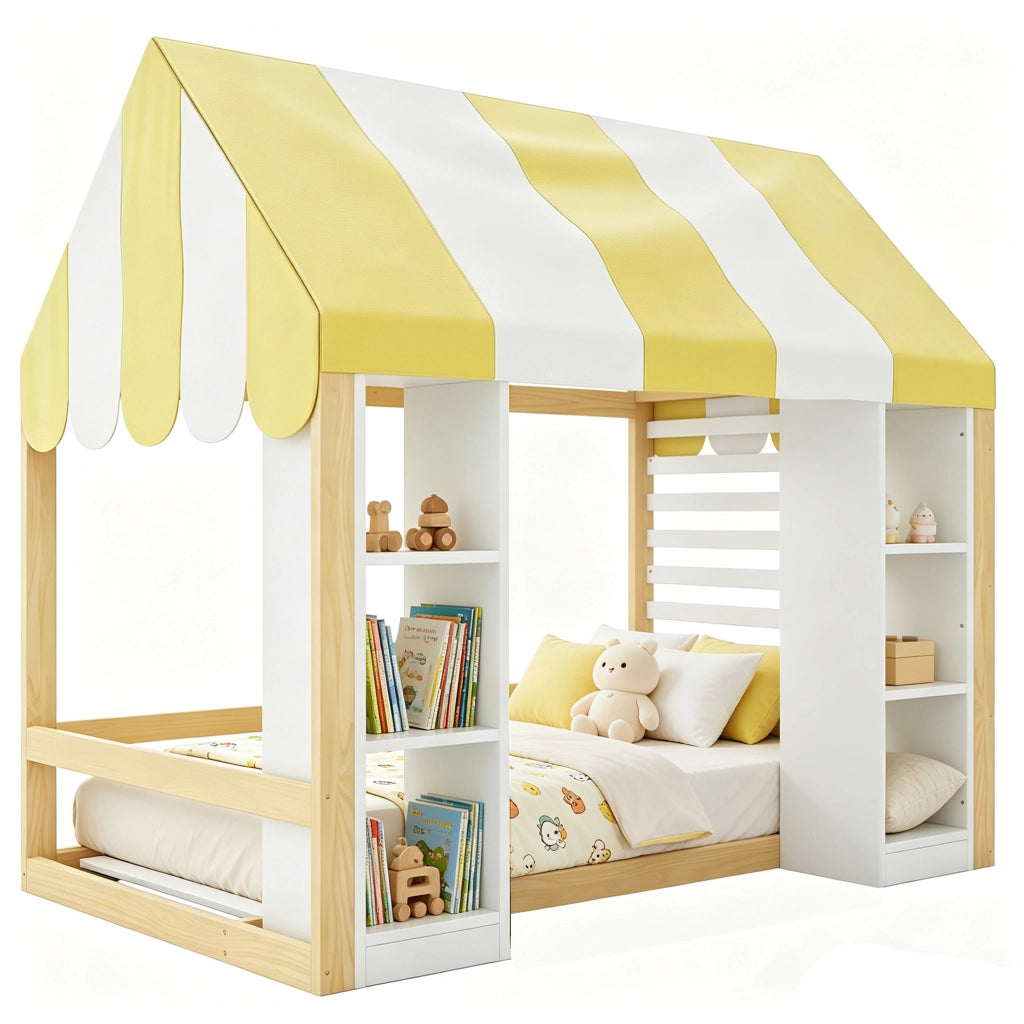 Letto per bambini 90 × 200 cm con baldacchino e due vani aperti in legno bianco e naturale