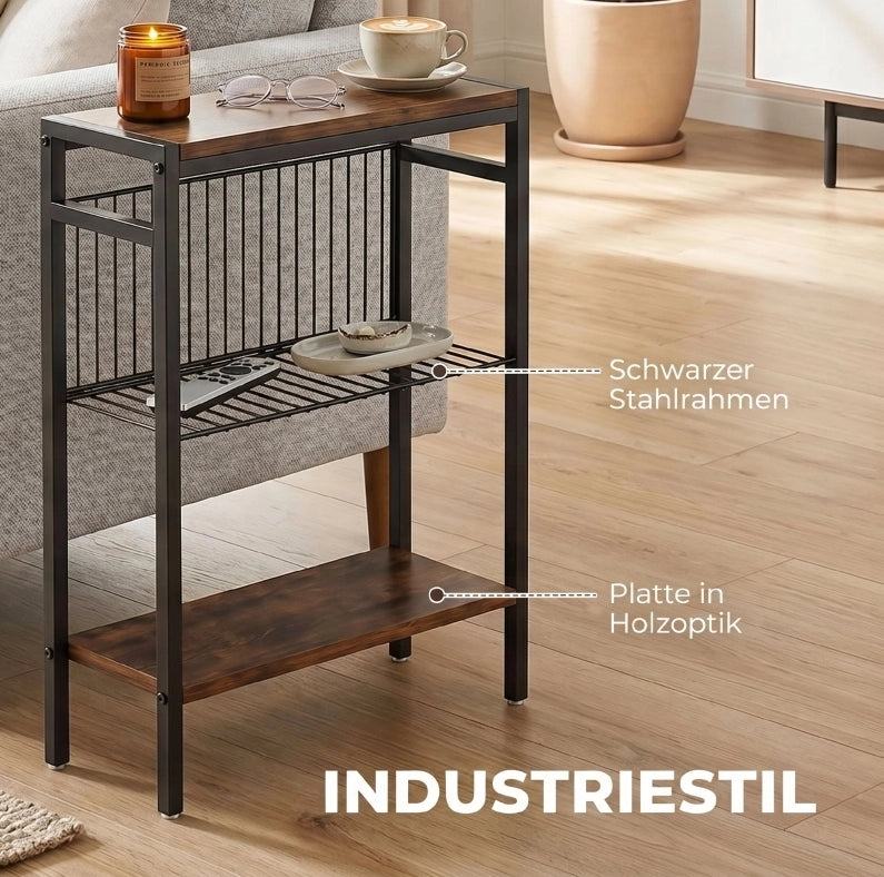 Tavolino ULEVR 43x18x62,5 cm con 3 ripiani, struttura in metallo e finitura marrone rustico