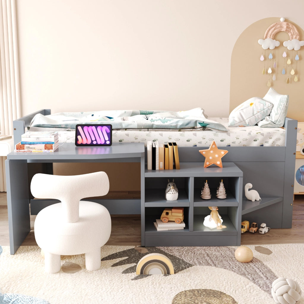 Letto multifunzione 90x200 cm con scrivania, vani contenitore e prese USB